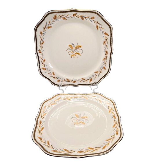 Vtg Homer Laughlin Eggshell Georgian Wheat Square Plates 8" Set Of 2 Gold Rim - Picture 1 of 10